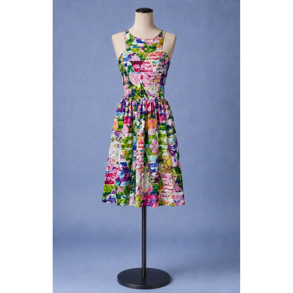 Amanda U. Geometric Mini Dress Womens XSP Vibrant Halter Fit Flare Dopamine